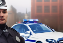 Im Vordergrund steht ein Polizist in einer schwarzen Polizeiuniform, im Hintergrund ein Mercedes Polizeiwagen