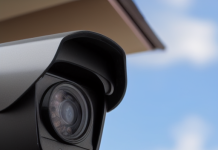 Die Forderseite einer Überwachungskamera mit sichtbarer Linse