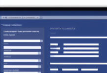 Zweispaltige Website mit blauem Hintergrund und einem nur abtrakt sichtbaren Formular