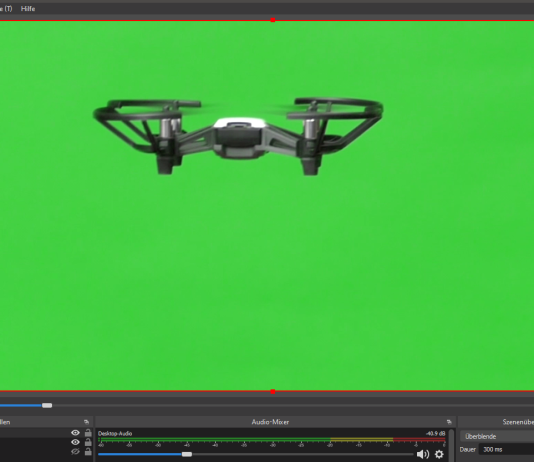 Ansicht von OBS mit Drohne und grünem Hintergrund
